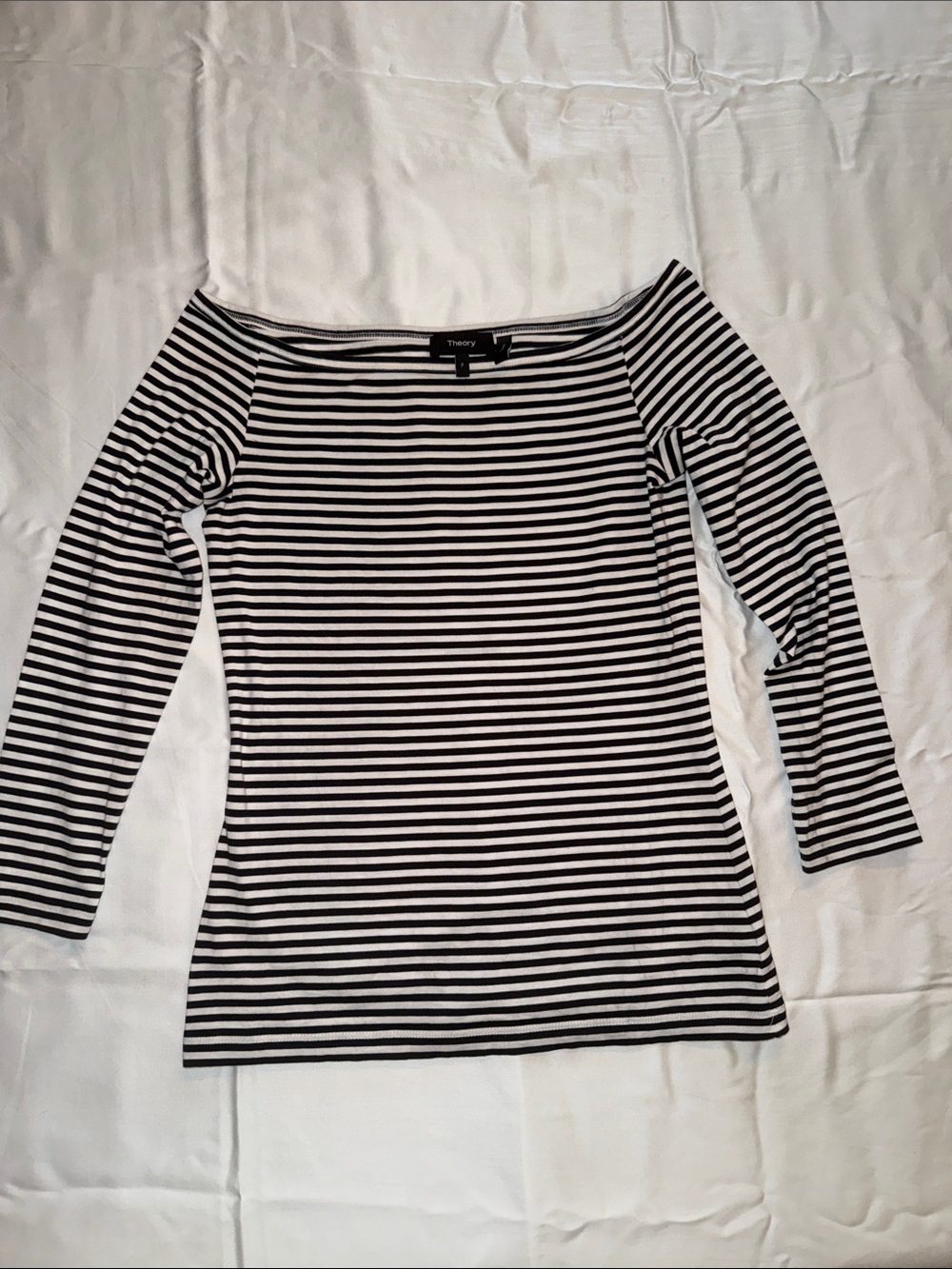 Theory Black & White Striped Boatneck Long Sleeve Top